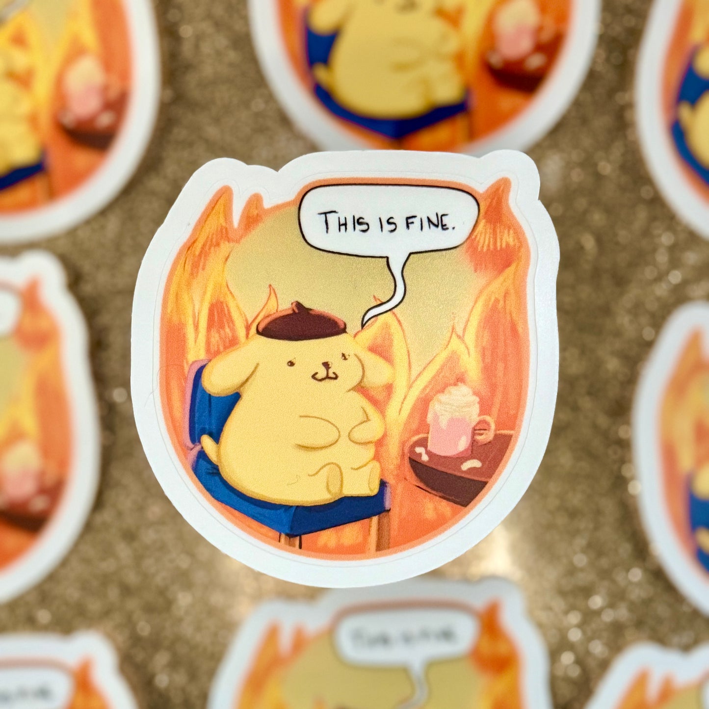 Pompompurin "this is fine" meme sticker